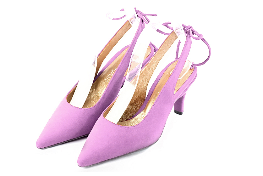 Mauve purple women's slingback shoes. Pointed toe. Medium slim heel. Front view - Florence KOOIJMAN